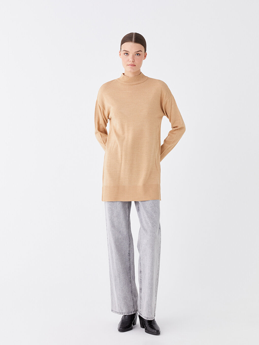 Half Turtleneck Plain Long Sleeve Women's Knitwear Tunic