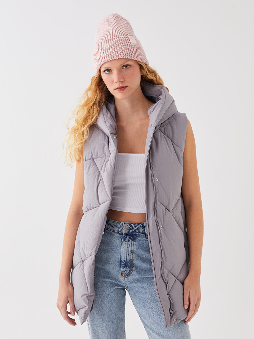 Hooded Self-Patterned Women's Puffer Vest