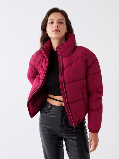 Stand Collar Plain Long Sleeve Crop Women's Puffer Coat