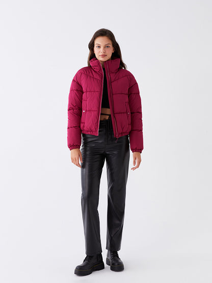 Stand Collar Plain Long Sleeve Crop Women's Puffer Coat