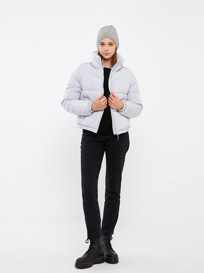 Stand Collar Plain Long Sleeve Crop Women's Puffer Coat