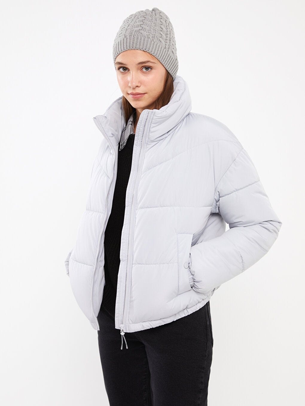 Stand Collar Plain Long Sleeve Crop Women's Puffer Coat