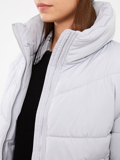 Stand Collar Plain Long Sleeve Crop Women's Puffer Coat