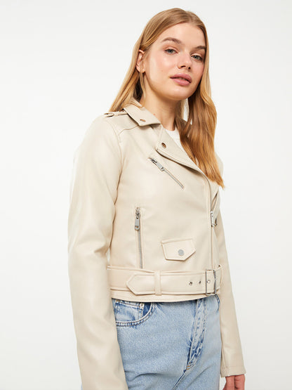 Women's Biker Collar Plain Leather Look Coat