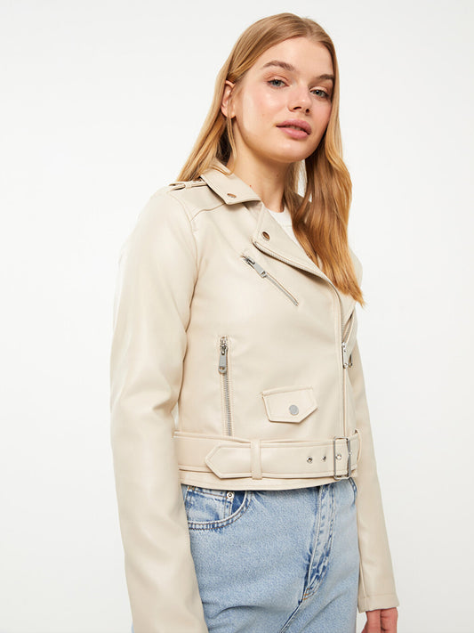 Women's Biker Collar Plain Leather Look Coat