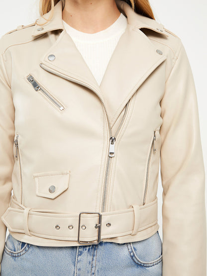 Women's Biker Collar Plain Leather Look Coat