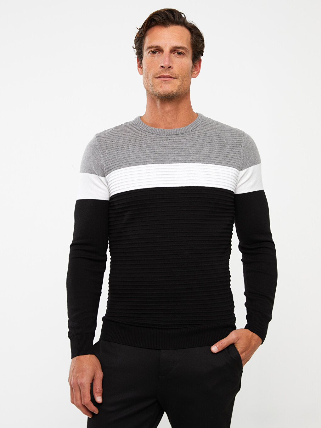 Crew Neck Long Sleeve Color Block Men's Knitwear Sweater