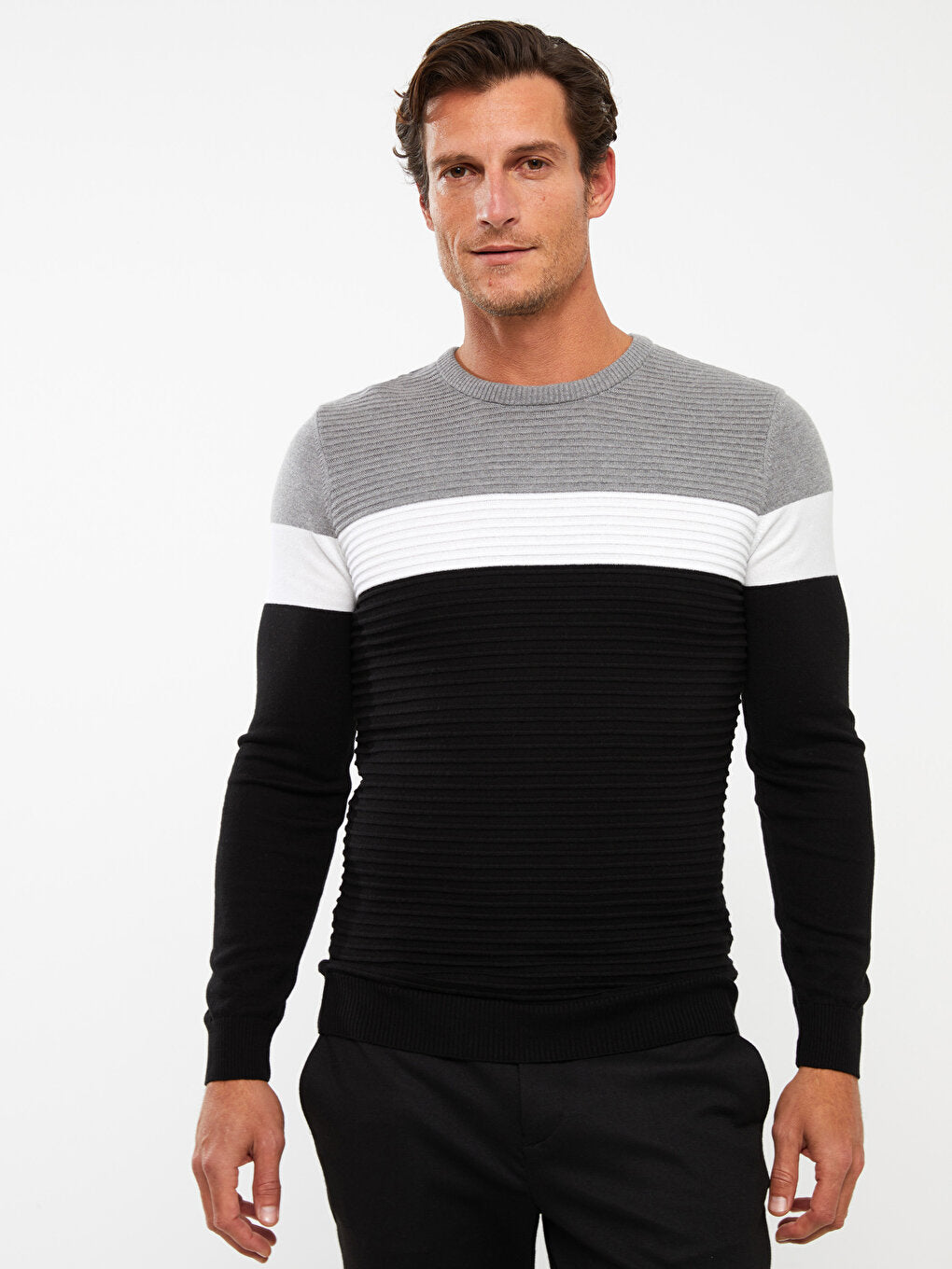 Crew Neck Long Sleeve Color Block Men's Knitwear Sweater