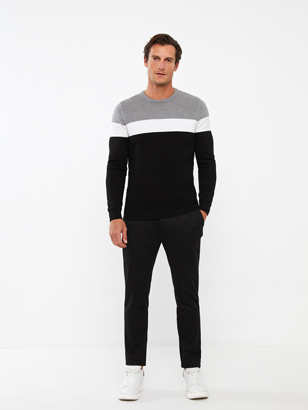 Crew Neck Long Sleeve Color Block Men's Knitwear Sweater