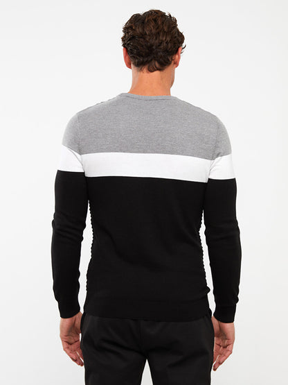 Crew Neck Long Sleeve Color Block Men's Knitwear Sweater