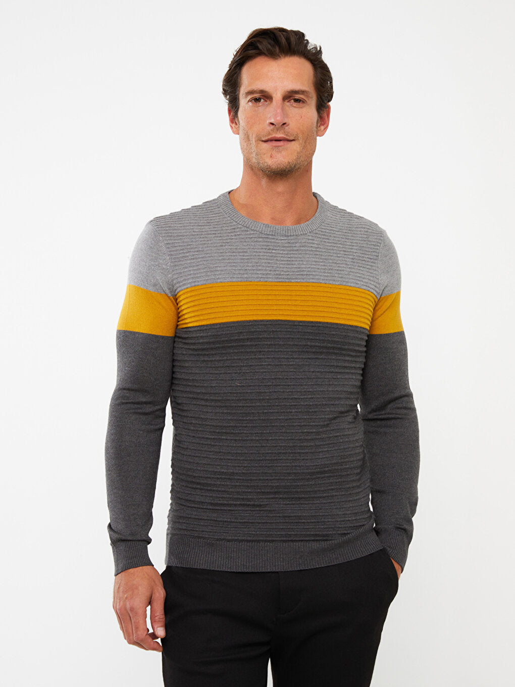 Crew Neck Long Sleeve Color Block Men's Knitwear Sweater