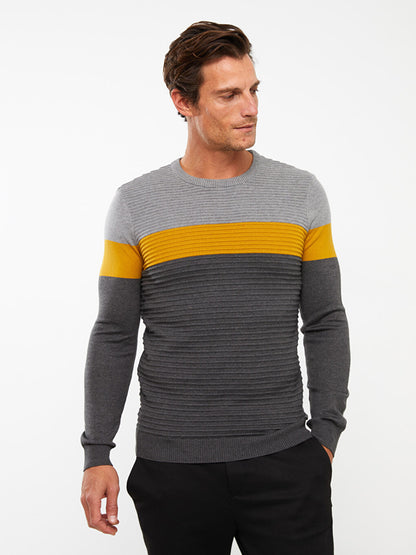 Crew Neck Long Sleeve Color Block Men's Knitwear Sweater