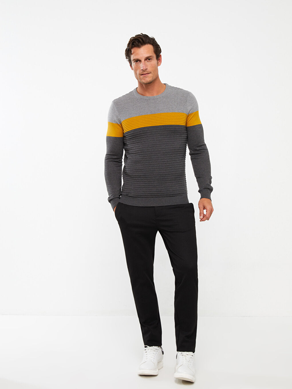 Crew Neck Long Sleeve Color Block Men's Knitwear Sweater