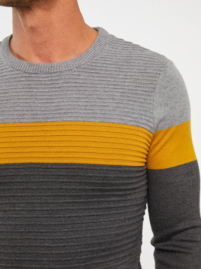 Crew Neck Long Sleeve Color Block Men's Knitwear Sweater