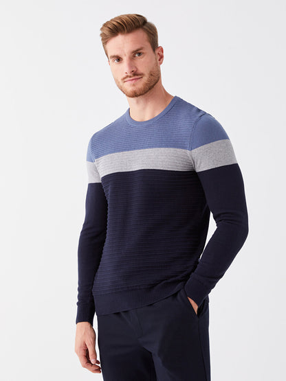 Crew Neck Long Sleeve Color Block Men's Knitwear Sweater