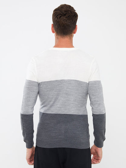 Crew Neck Long Sleeve Color Block Men's Knitwear Sweater