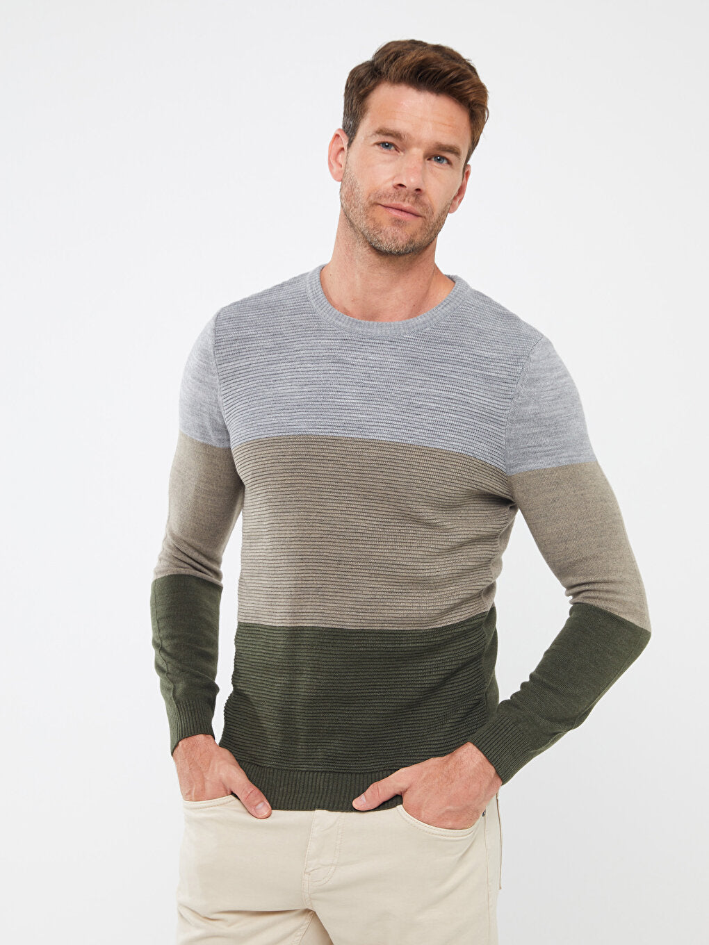 Crew Neck Long Sleeve Color Block Men's Knitwear Sweater