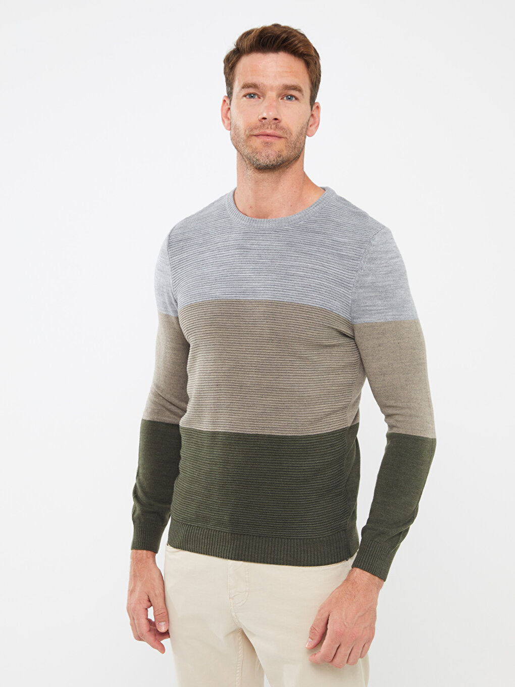 Crew Neck Long Sleeve Color Block Men's Knitwear Sweater