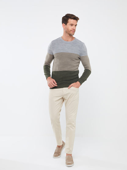 Crew Neck Long Sleeve Color Block Men's Knitwear Sweater