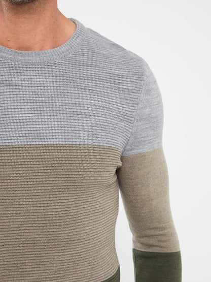 Crew Neck Long Sleeve Color Block Men's Knitwear Sweater