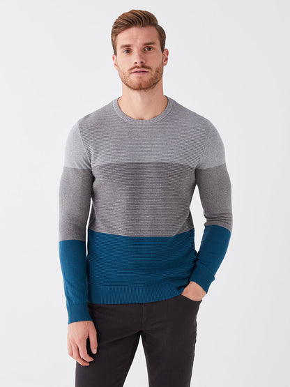 Crew Neck Long Sleeve Color Block Men's Knitwear Sweater