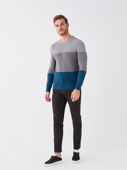 Crew Neck Long Sleeve Color Block Men's Knitwear Sweater