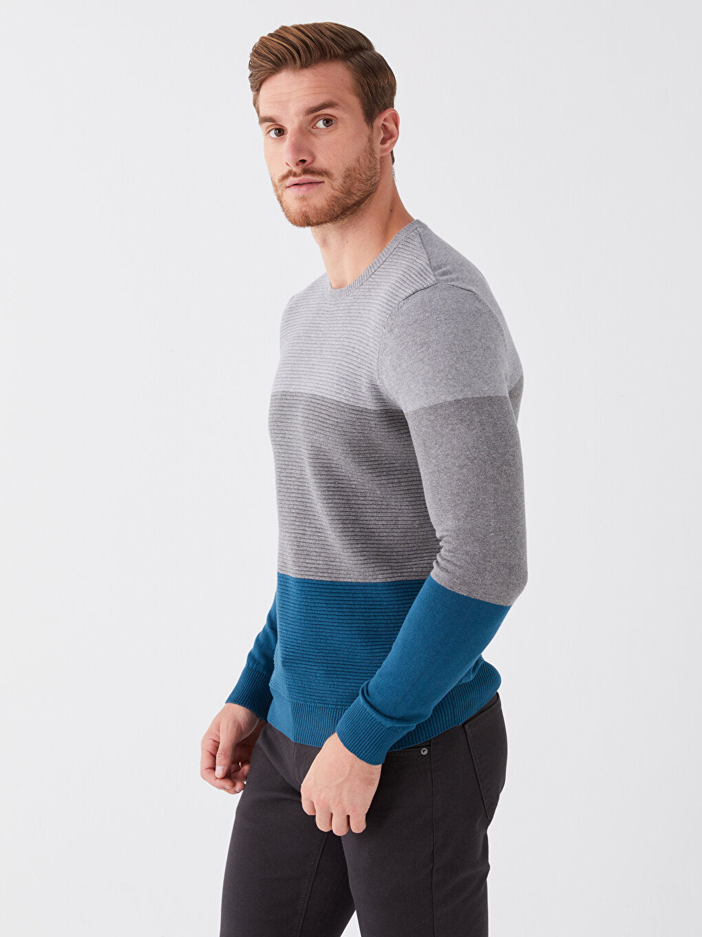 Crew Neck Long Sleeve Color Block Men's Knitwear Sweater