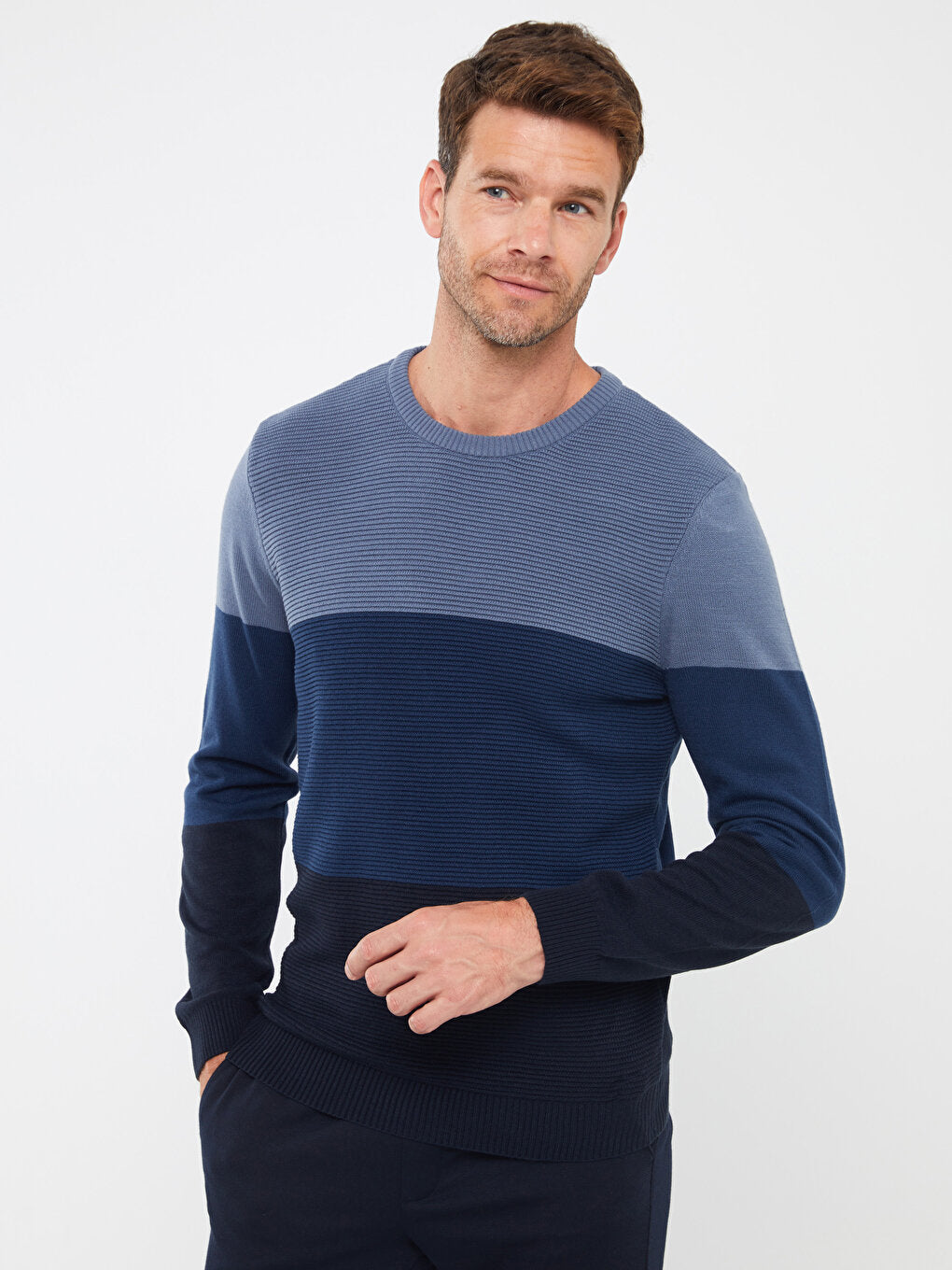 Crew Neck Long Sleeve Color Block Men's Knitwear Sweater