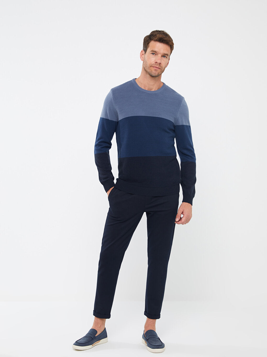 Crew Neck Long Sleeve Color Block Men's Knitwear Sweater