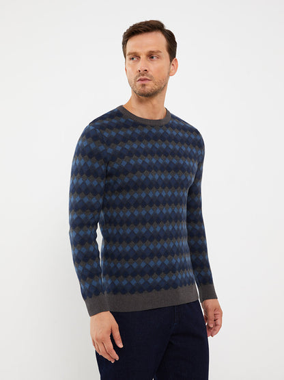 Crew Neck Long Sleeve Patterned Men's Knitwear Sweater