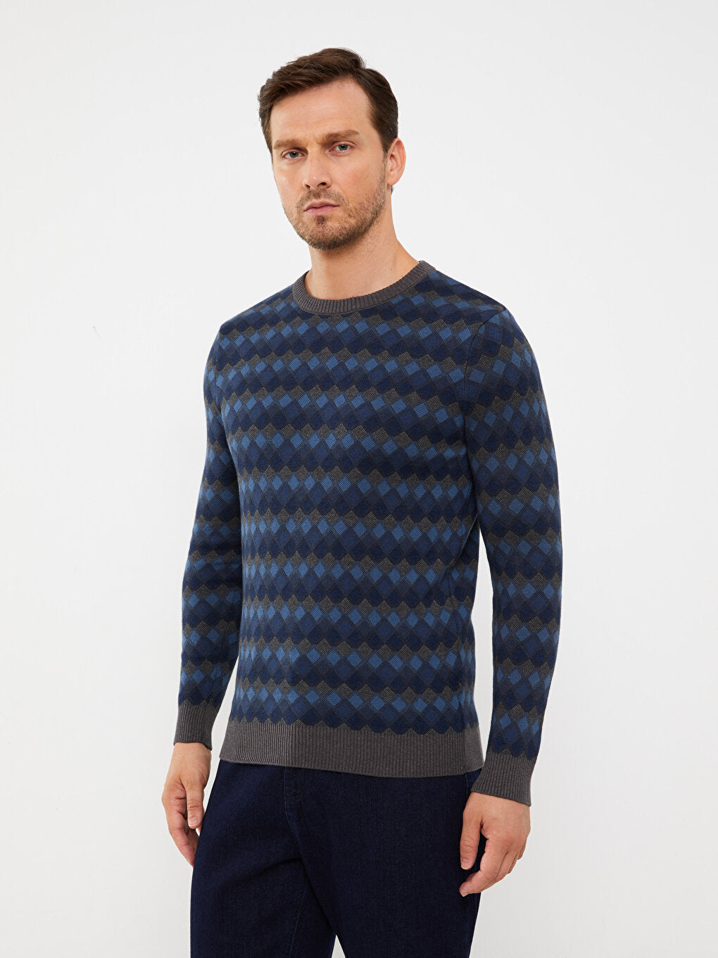 Crew Neck Long Sleeve Patterned Men's Knitwear Sweater