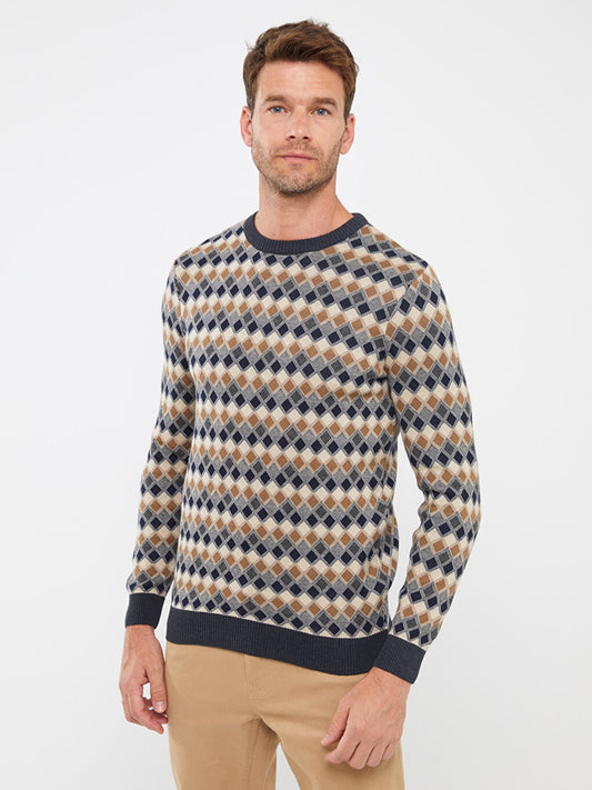 Crew Neck Long Sleeve Patterned Men's Knitwear Sweater