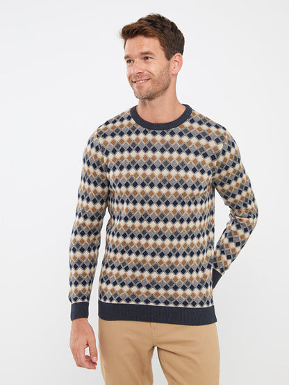 Crew Neck Long Sleeve Patterned Men's Knitwear Sweater