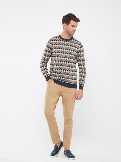 Crew Neck Long Sleeve Patterned Men's Knitwear Sweater