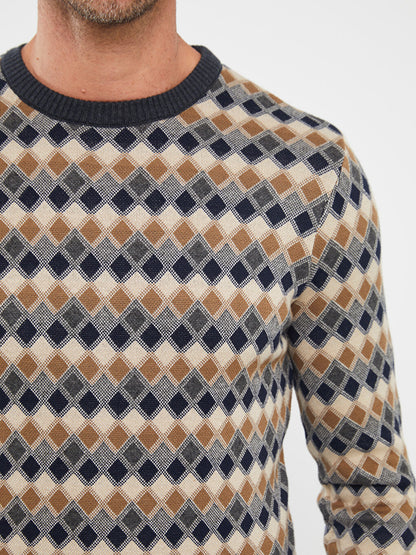 Crew Neck Long Sleeve Patterned Men's Knitwear Sweater