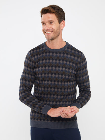 Crew Neck Long Sleeve Patterned Men's Knitwear Sweater