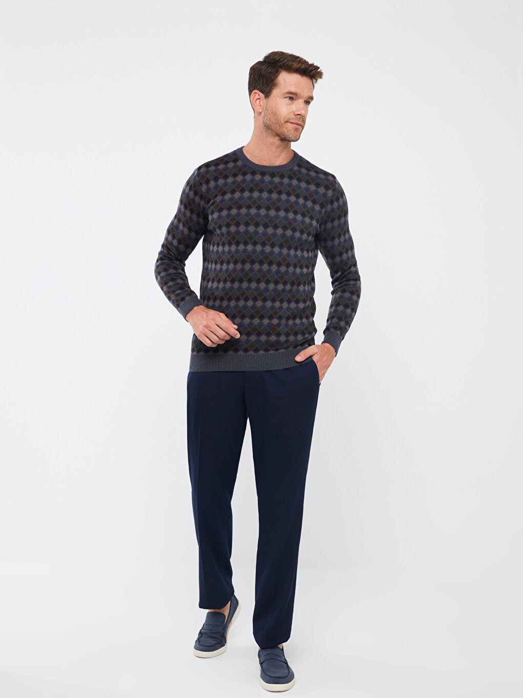 Crew Neck Long Sleeve Patterned Men's Knitwear Sweater