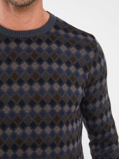 Crew Neck Long Sleeve Patterned Men's Knitwear Sweater