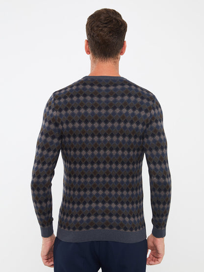 Crew Neck Long Sleeve Patterned Men's Knitwear Sweater