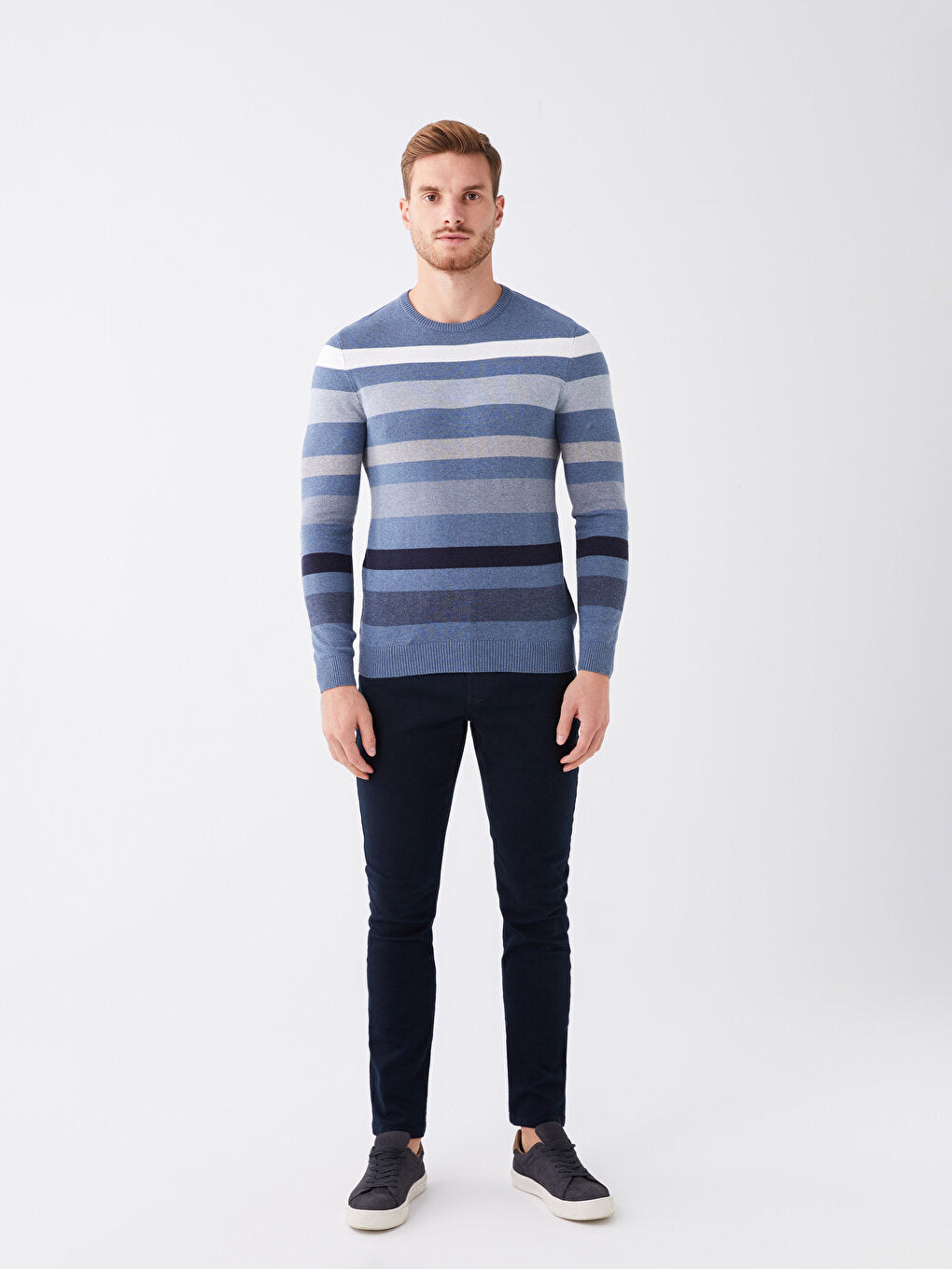 Crew Neck Long Sleeve Striped Men's Knitwear Sweater