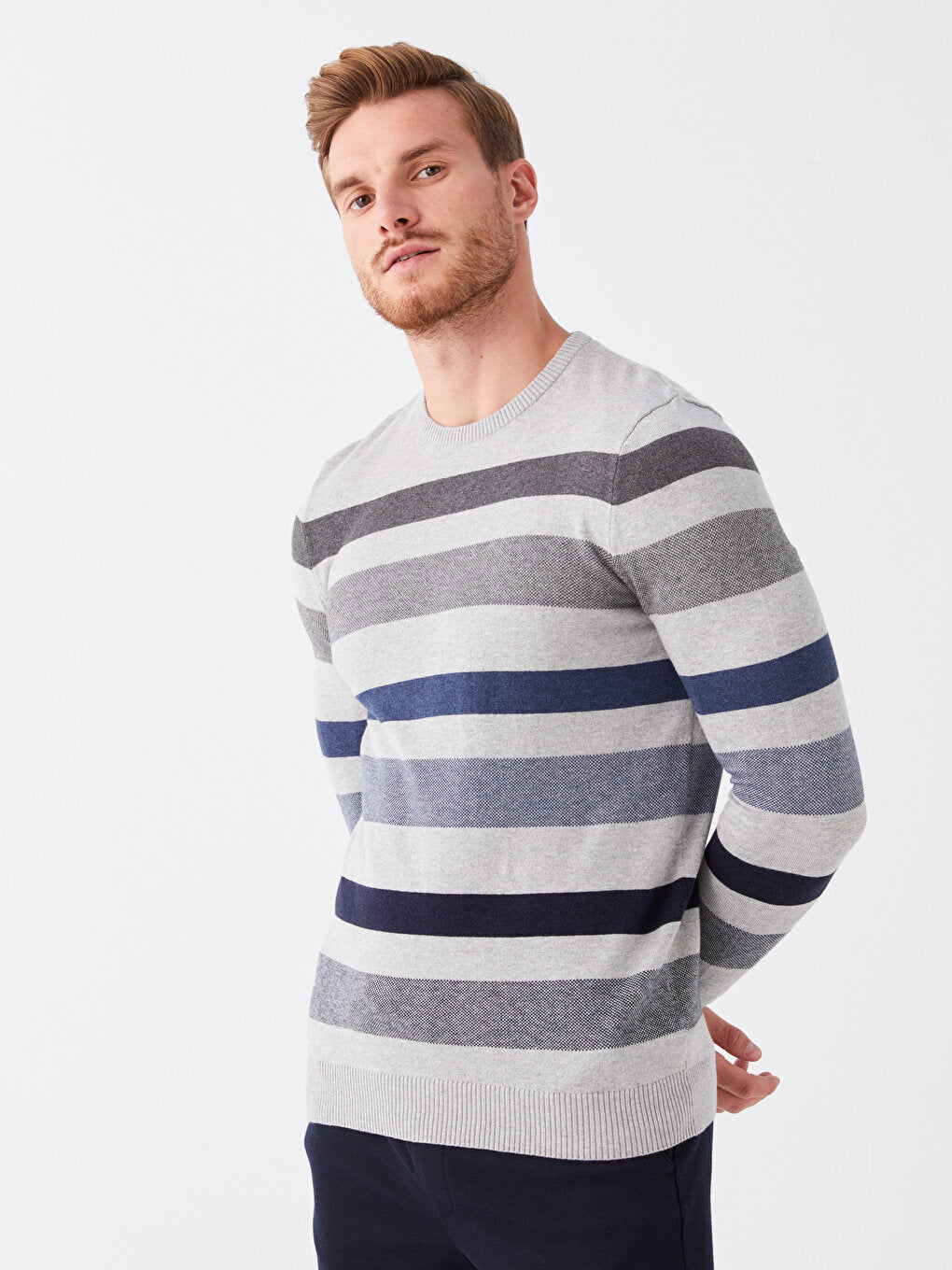 Crew Neck Long Sleeve Striped Men's Knitwear Sweater