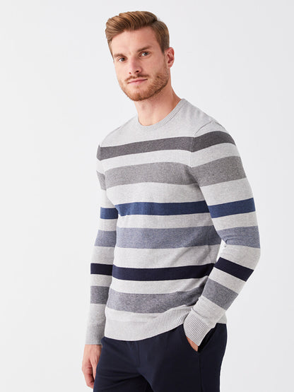 Crew Neck Long Sleeve Striped Men's Knitwear Sweater