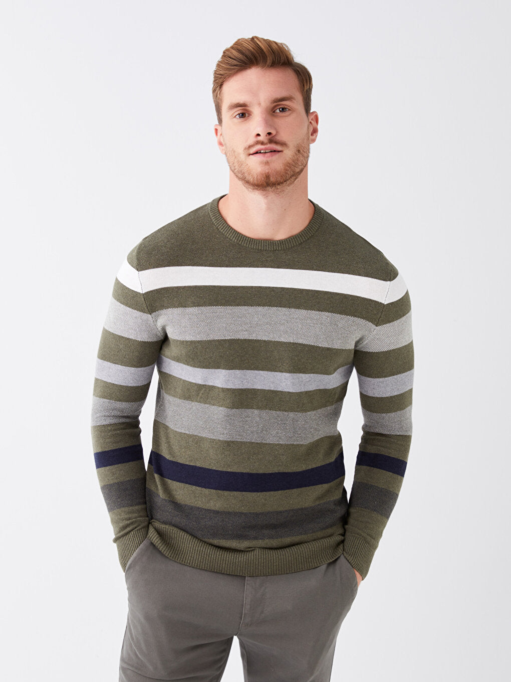 Crew Neck Long Sleeve Striped Men's Knitwear Sweater