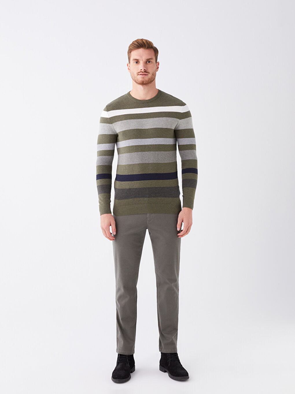 Crew Neck Long Sleeve Striped Men's Knitwear Sweater