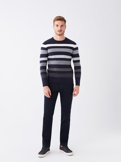 Crew Neck Long Sleeve Striped Men's Knitwear Sweater