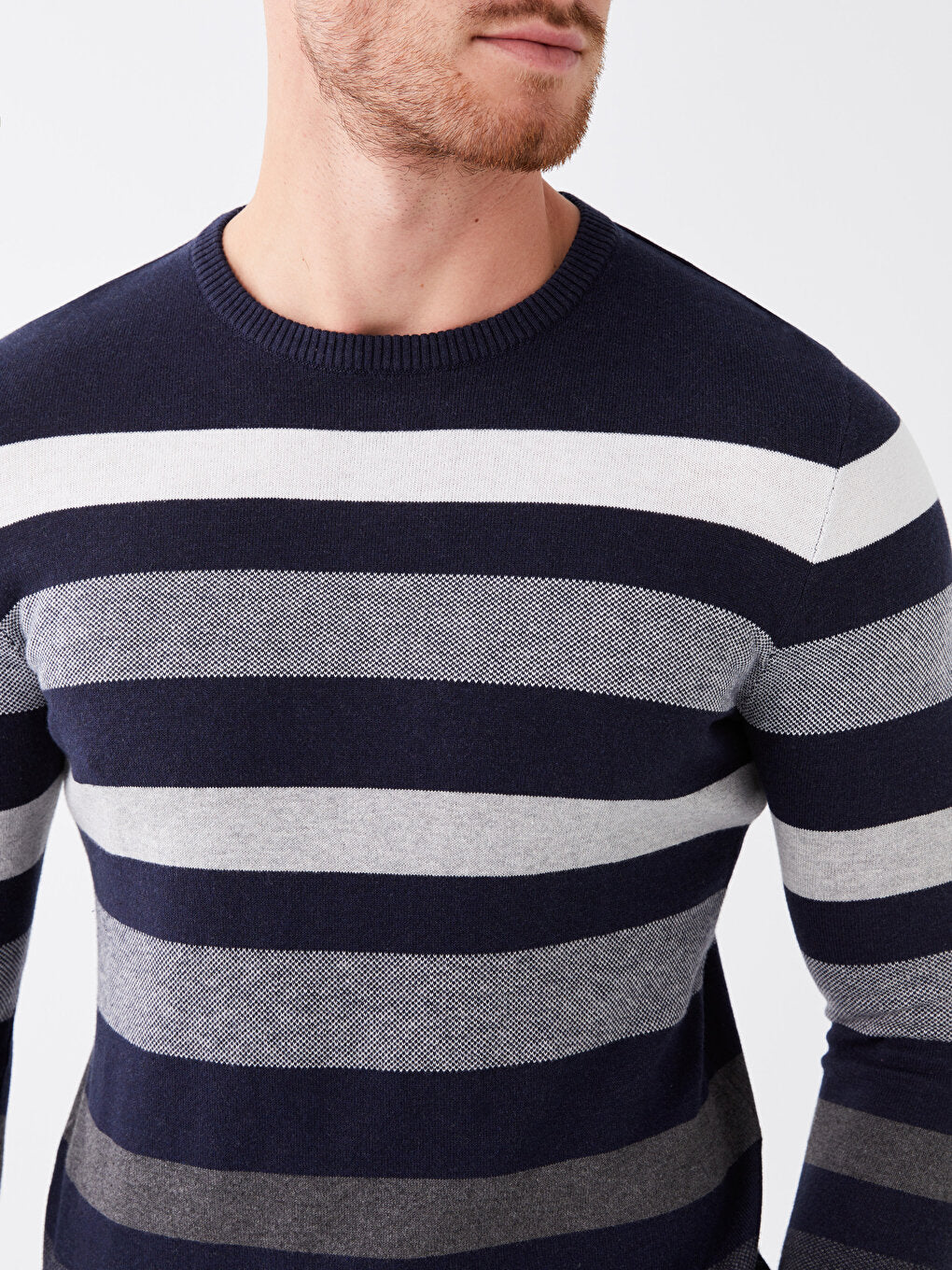 Crew Neck Long Sleeve Striped Men's Knitwear Sweater