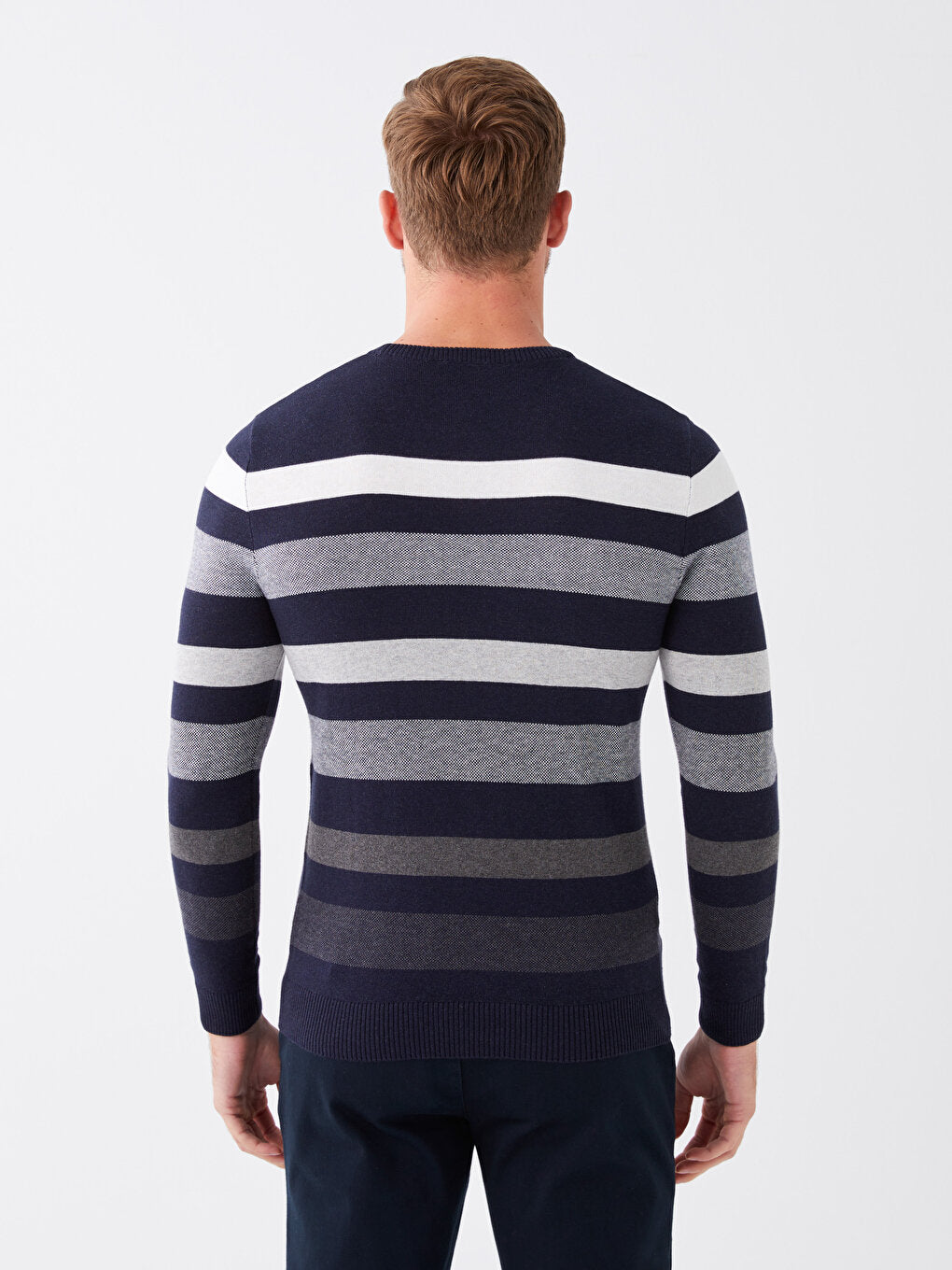 Crew Neck Long Sleeve Striped Men's Knitwear Sweater