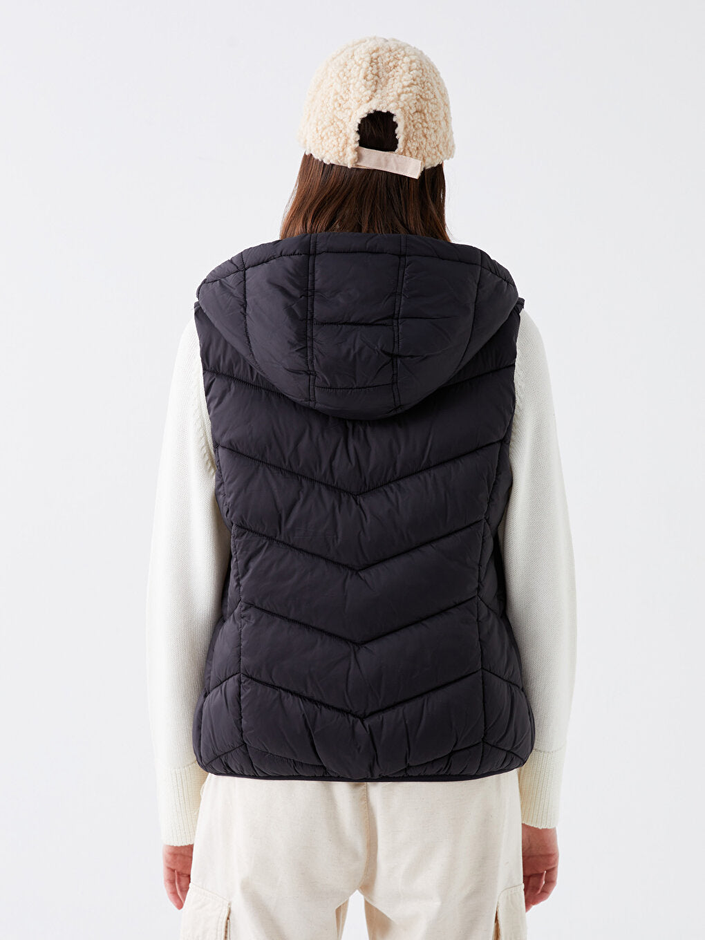 Hooded Self-Patterned Women's Puffer Vest