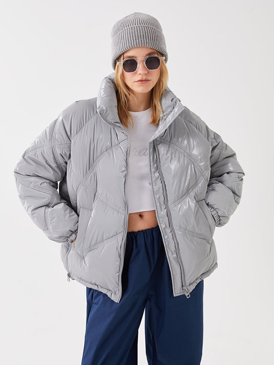 High Collar Plain Long Sleeve Oversize Women's Puffer Coat