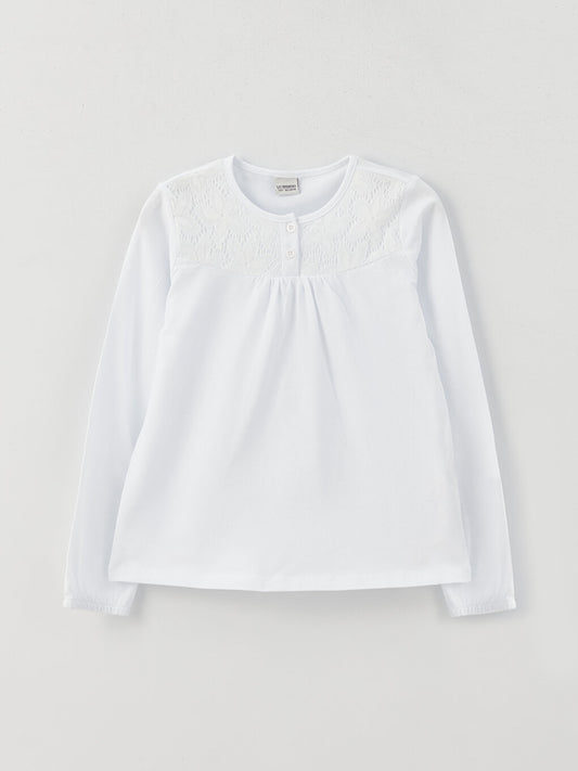 Crew Neck Lace Detailed Long Sleeve Girls' T-Shirt